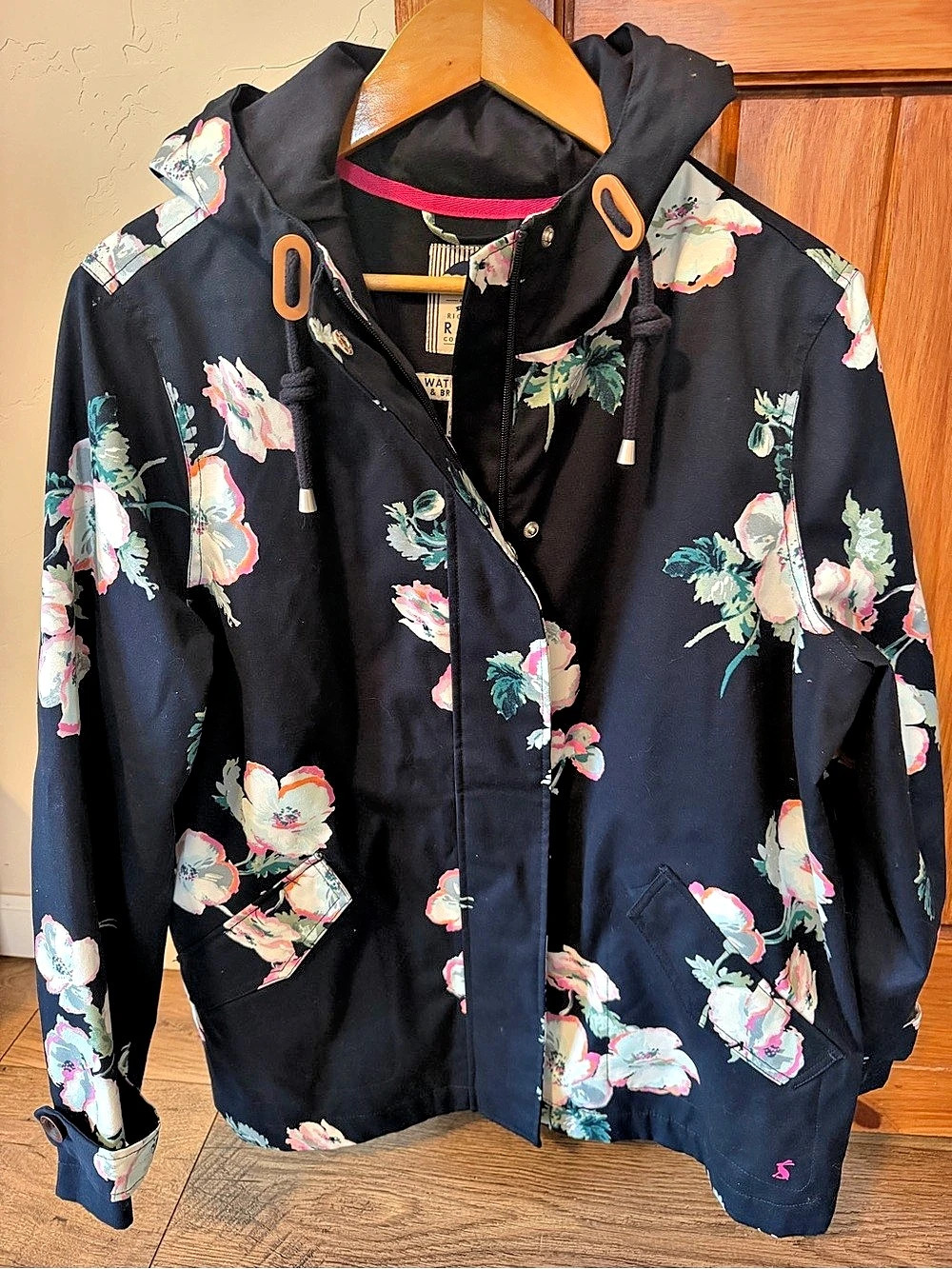 Joules Right As Rain Floral Waterproof Hooded Raincoat Navy Blue US 14 Like New